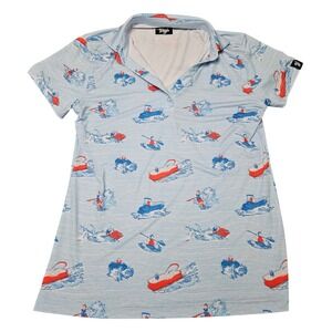 Waggle Polo Shirt Medium Light Blue Boat Watersports Print Resort Beach Vacation